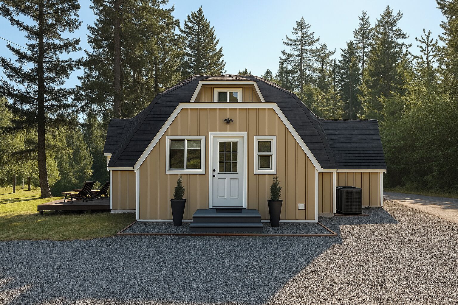 A single-story house with a gabled roof, a front door, and two windows.