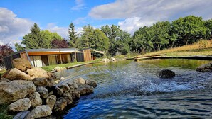 A pond with a small waterfall, surrounded by rocks and greenery. - Pépites Lodges et Spas (Prémilhat)