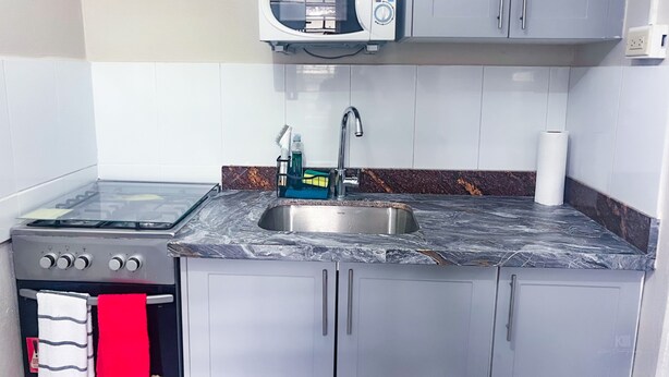 A compact kitchen with a gas stove, a sink, a microwave, and a paper towel holder. - Embassy Visits and Event Stays (Kingston)