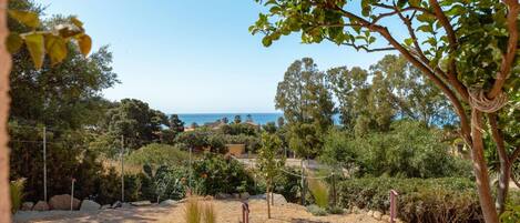 Un jardín con un sendero de grava, árboles y vistas al mar.