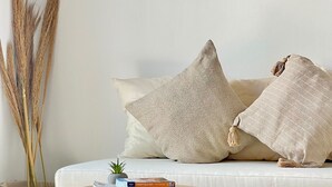 Una sala de estar moderna con un sofá blanco, dos almohadas, un tapiz redondo tejido, una mesita con libros y una planta en maceta.