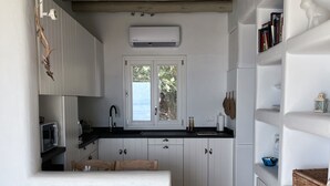 A compact, modern kitchen with white cabinetry, a built-in microwave, and a window above the sink.
