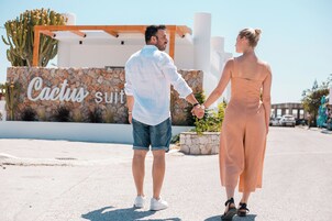 A couple holding hands in front of a sign that reads "Cactus suit."