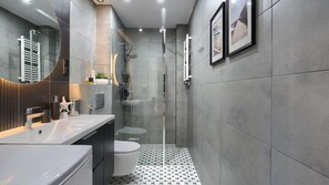 Une salle de bain moderne avec une douche à parois de verre, un lavabo blanc et des toilettes.