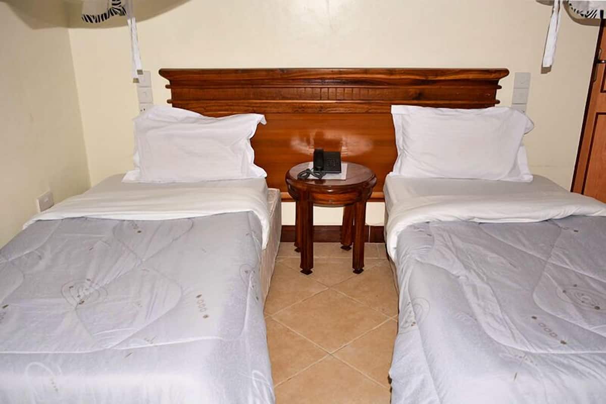 A hotel room with two single beds, a wooden headboard, a small bedside table with a phone, and a wall-mounted light.