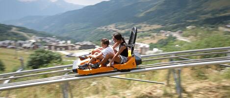 A roller coaster with passengers, set against a mountainous backdrop.