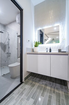 Shower, hair dryer, bidet, towels