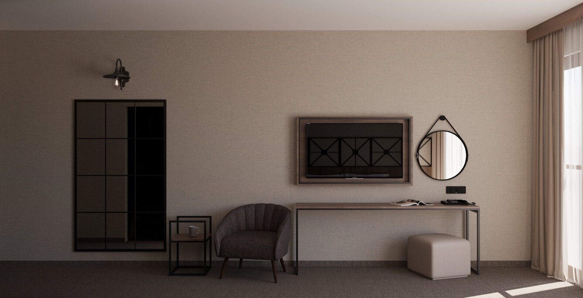Una habitación de hotel moderna con un amplio ventanal corredera, una obra de arte enmarcada sobre un escritorio, un espejo redondo y un sillón cómodo.