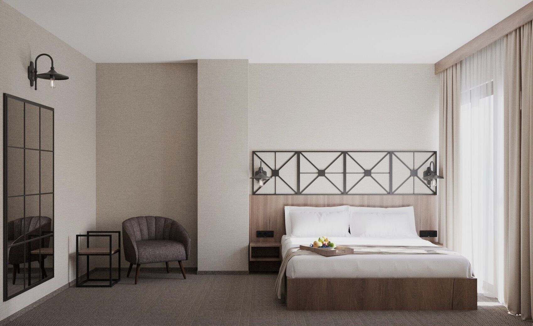 Une chambre d’hôtel avec un lit, une chaise, une table de chevet et un luminaire fixé au mur.