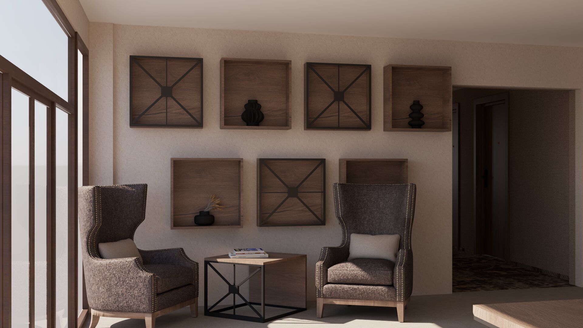 Un'elegante area lounge con due poltrone imbottite, un tavolino e sei opere d'arte a tema legno appese alla parete.