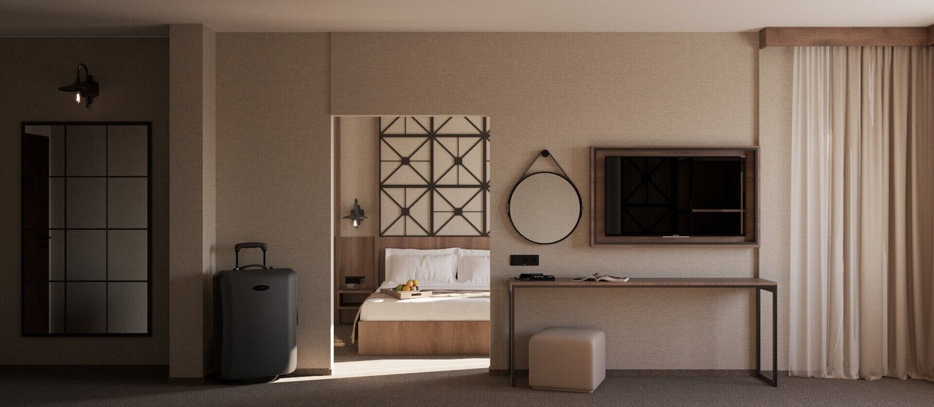 A hotel room with a bed, a desk, a TV, a suitcase, and a large window.