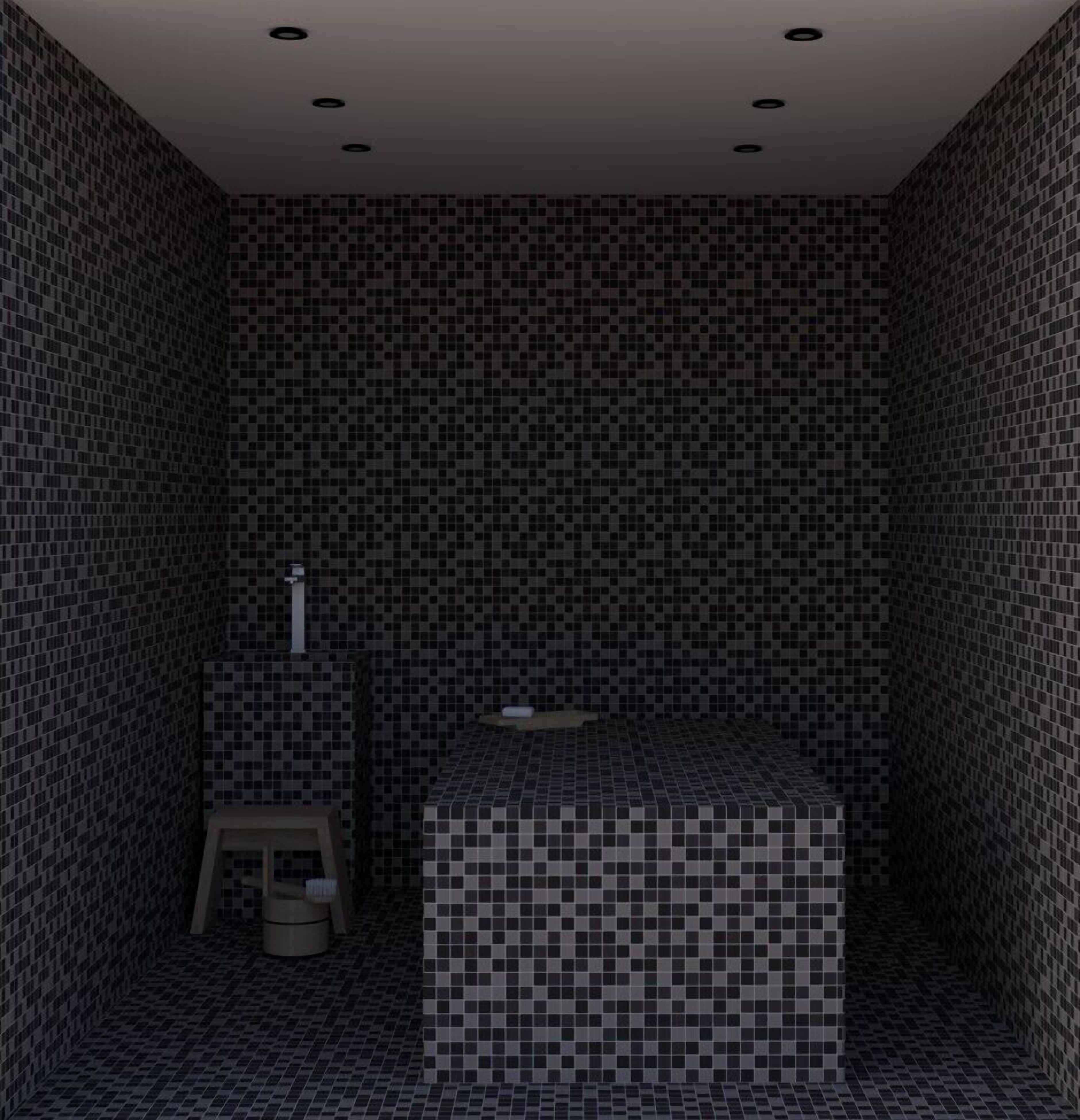 Un baño con suelo y paredes de azulejos, un taburete pequeño y un lavamanos.
