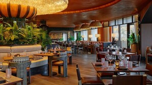 A spacious restaurant with high ceilings, large windows, and a variety of seating arrangements including tables and booths.