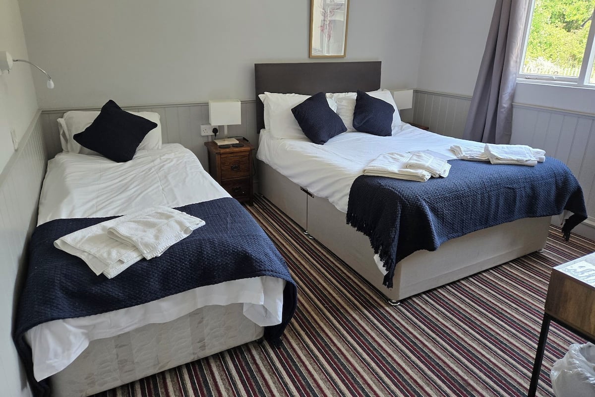 Une chambre d’hôtel avec deux lits simples, chacun étant équipé de draps blancs et de couvertures bleu foncé. Une petite table de chevet en bois avec une lampe se trouve entre les lits. La chambre est dotée d’un tapis à rayures et d’une fenêtre avec des rideaux.