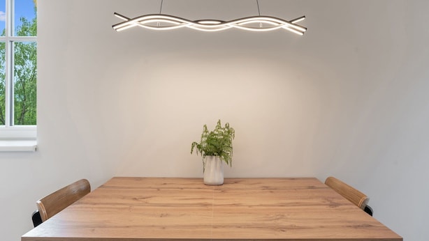 Un comedor con una mesa de madera, sillas, una lámpara colgante y una planta en maceta.