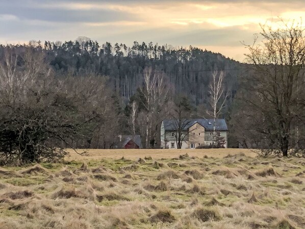 A two-story house with a gabled roof, surrounded by a field and a forested hill.