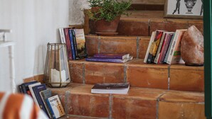 Una escalera con libros, una planta en maceta y una obra enmarcada.