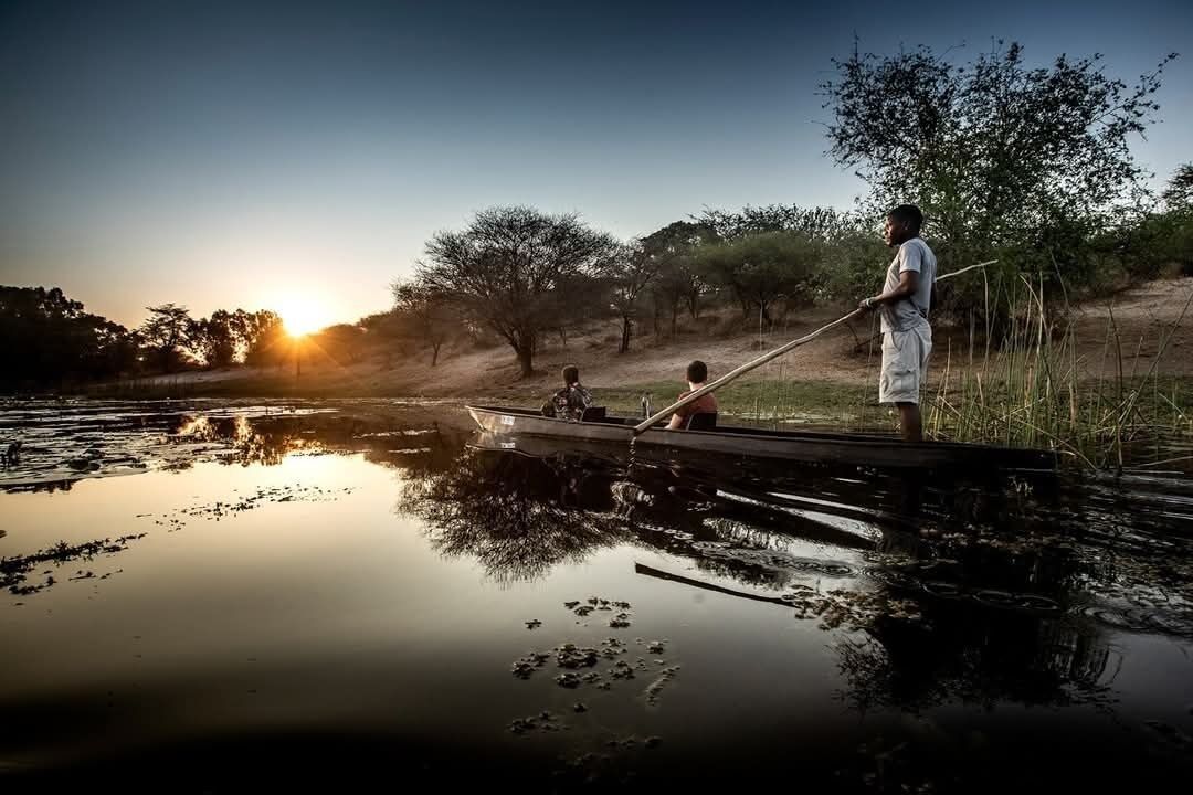 Escena tranquila de un río con un muelle de madera que se adentra en el agua, rodeado de árboles y vegetación.