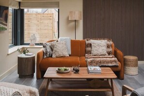 Smart TV, fireplace, books, stereo