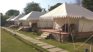A row of white tents with steps leading up to the entrance, set in a grassy area with a clear sky. - Shikaar Valley (Sawai Madhopur)