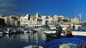 Un puerto con barcos amarrados, cielo despejado y edificios al fondo.