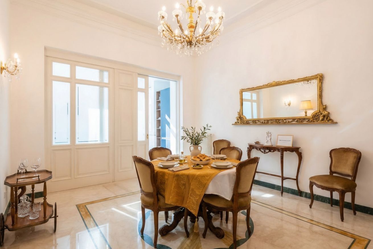 Ein Esszimmer mit einer Chandelüster, einem großen Spiegel und einem Tisch, gedeckt für vier Personen.
