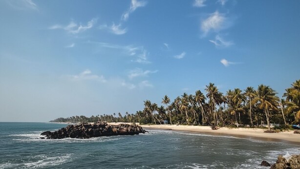 A beach with a rocky outcrop in the water, palm trees, and a clear sky.