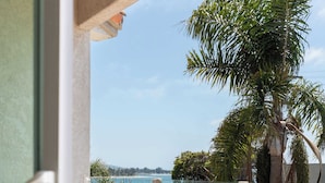 A balcony with a chair and potted plants, overlooking a street with palm trees and a clear sky.