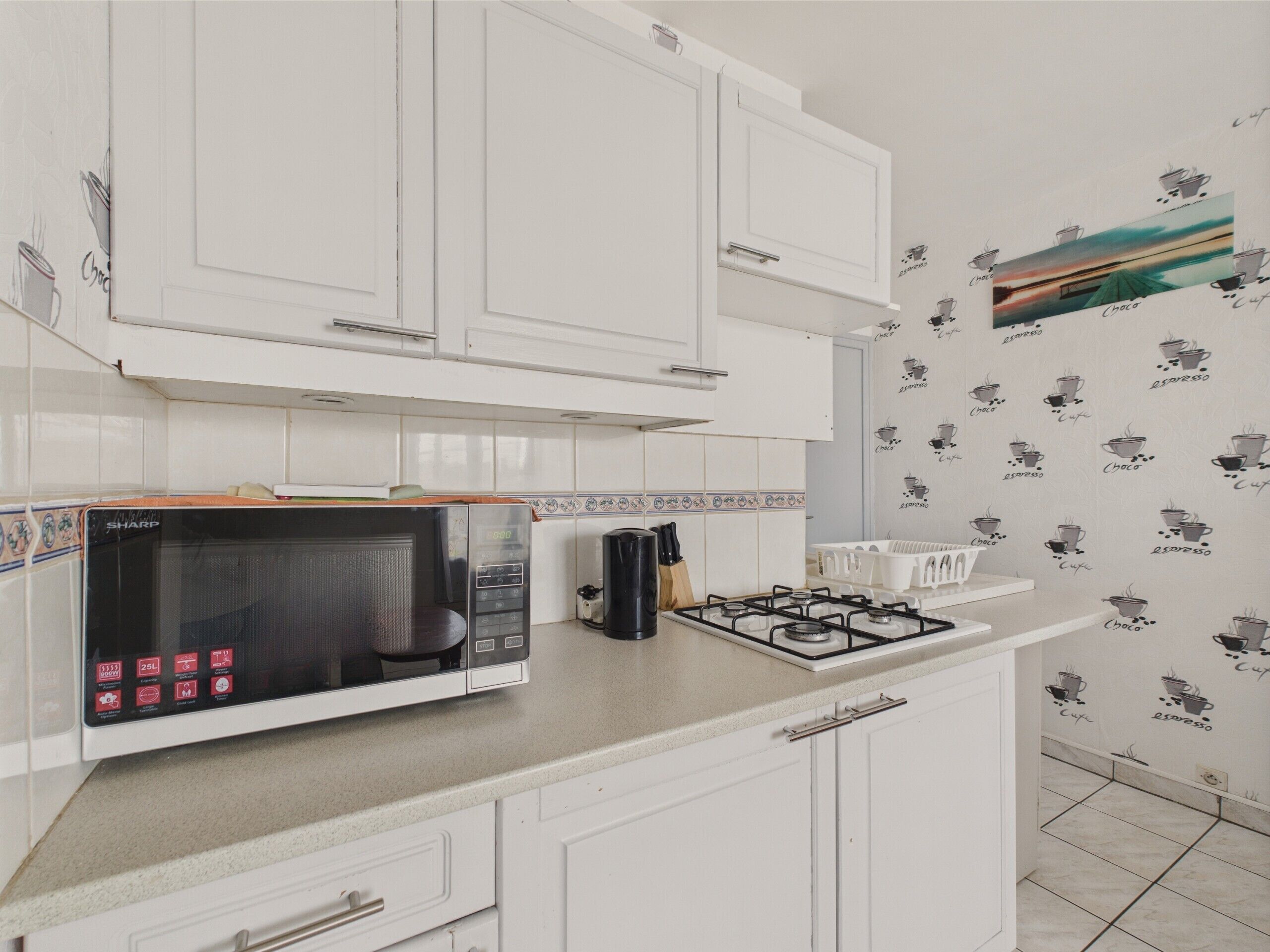 Fridge, microwave, oven, coffee/tea maker