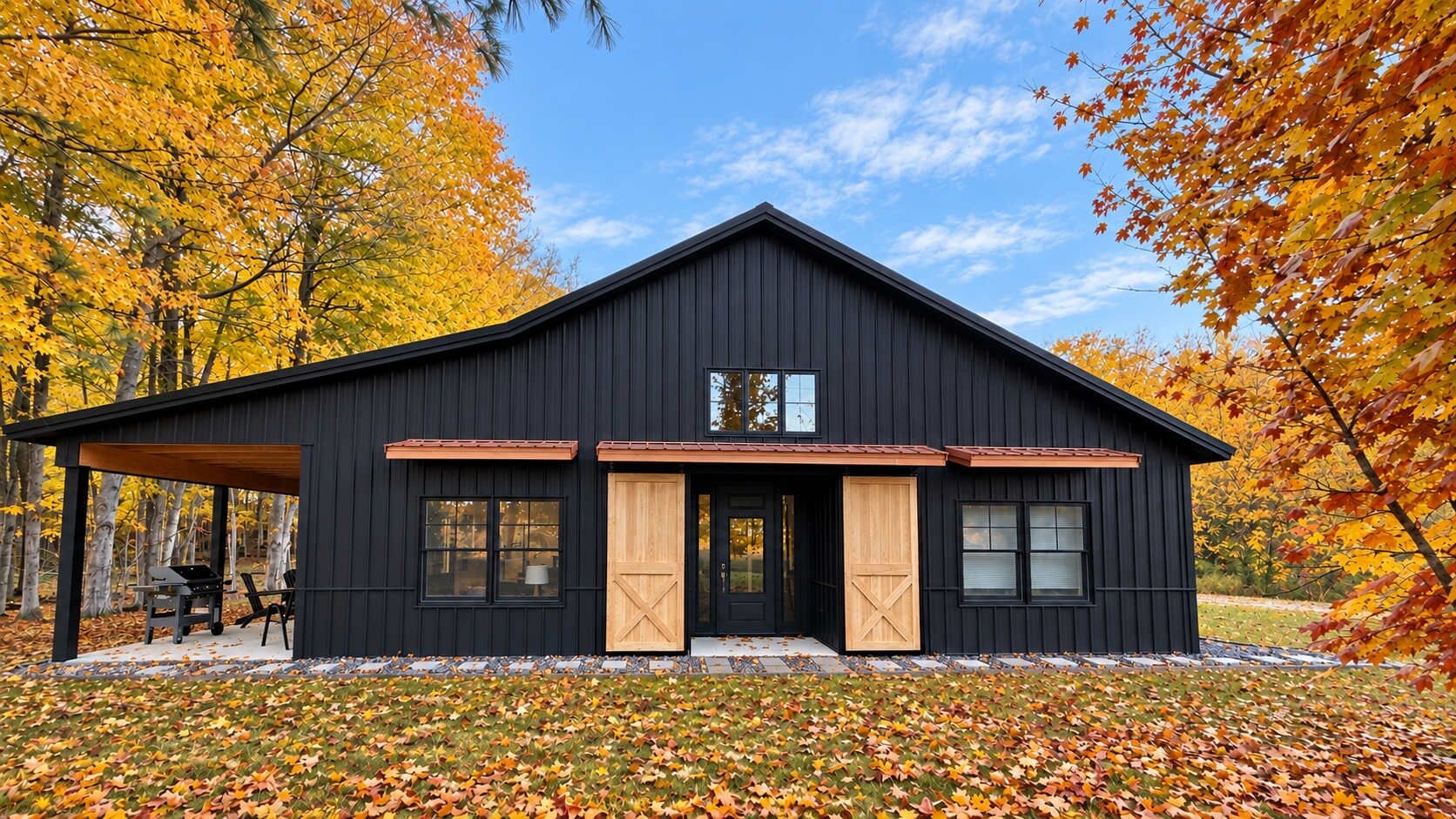 A black metal building with a covered patio, large windows, and a wooden door.