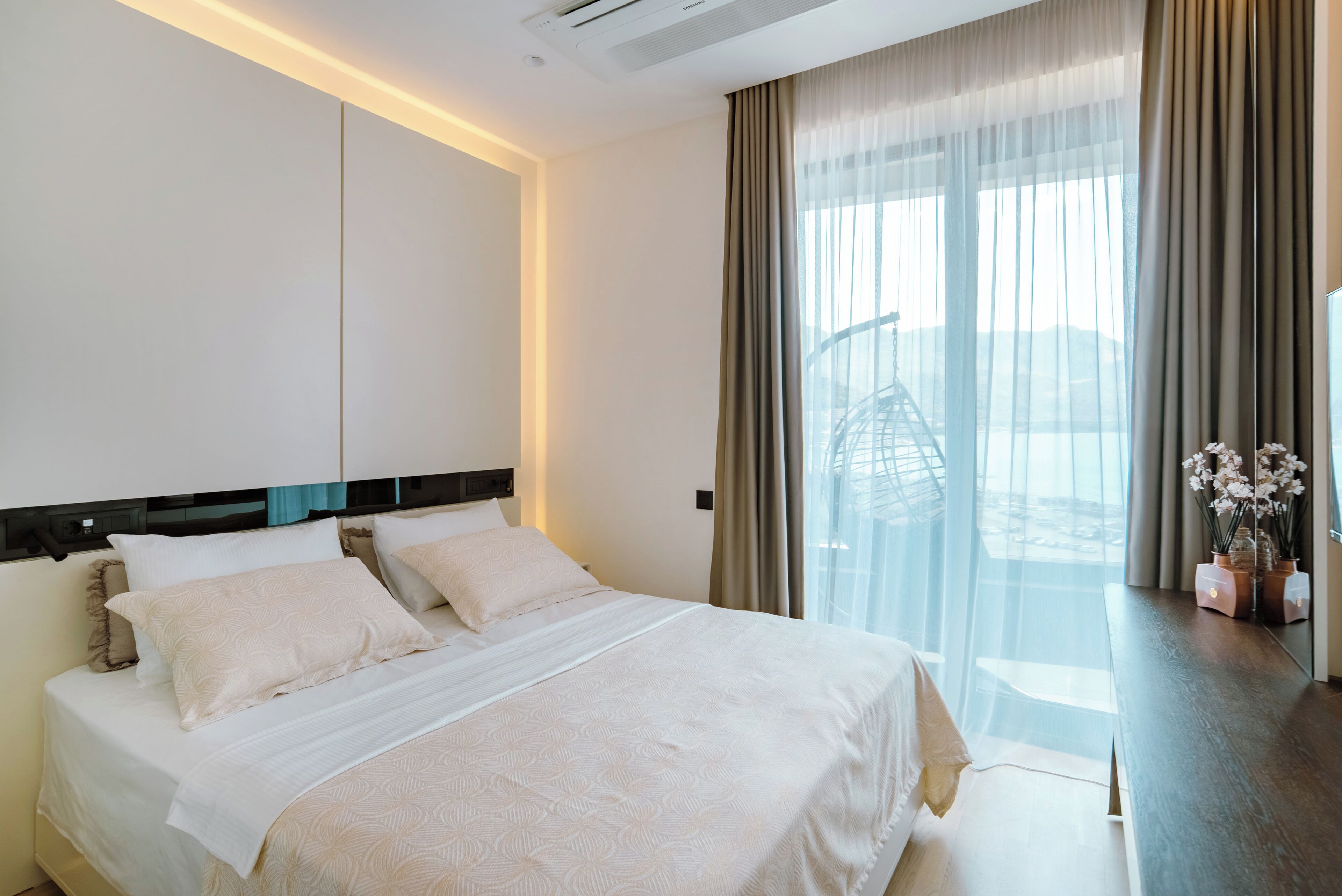 Desk, laptop workspace, blackout drapes, iron/ironing board