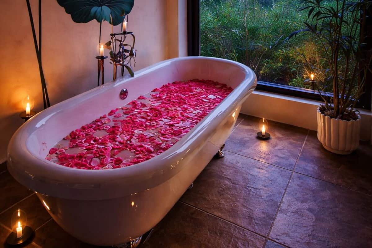 Eine Badewanne voller Rosenblätter, ein großes Fenster mit Blick auf Grünflächen und an der Wand befestigte Zierblumen.