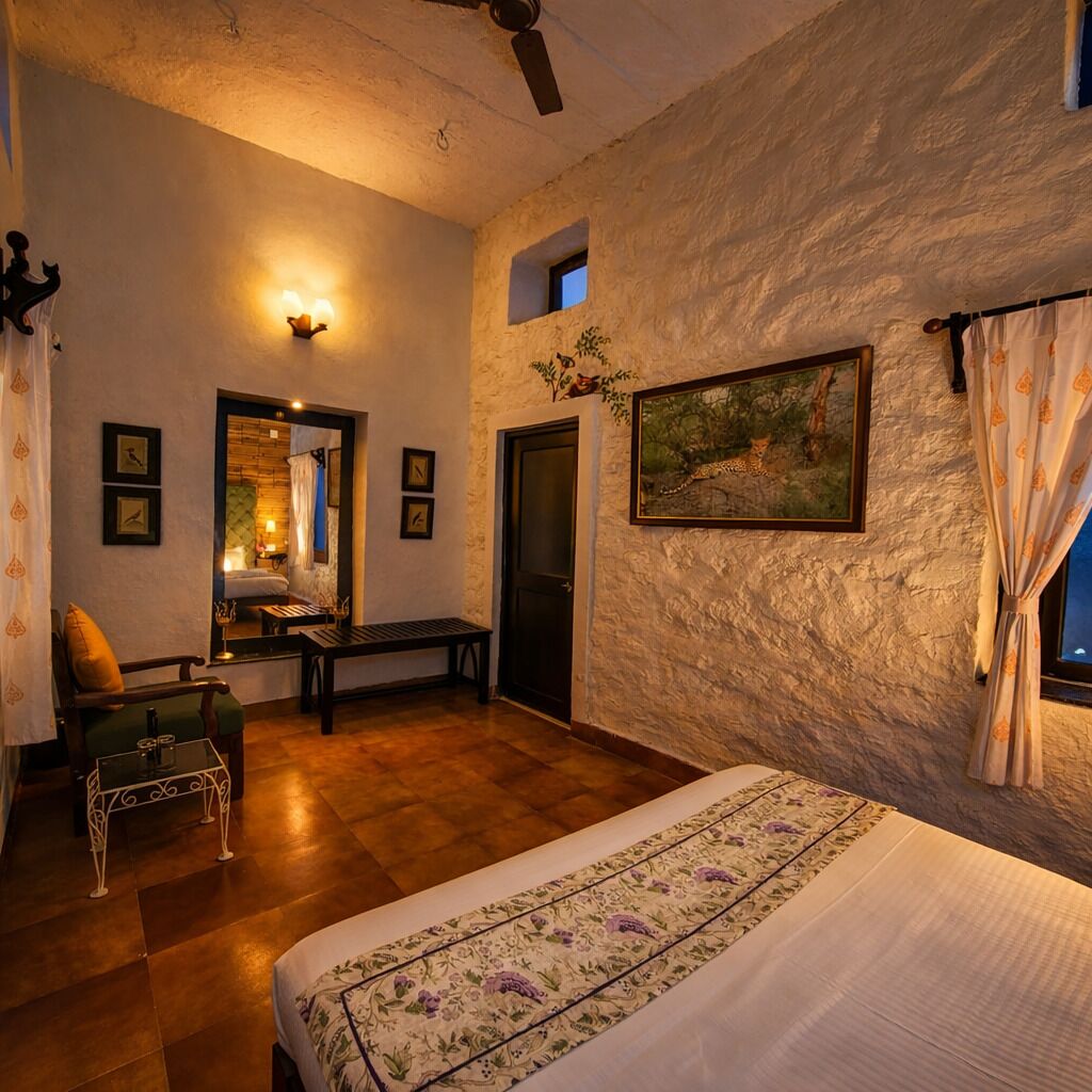 A bedroom with a bed, a bench, a small table, a mirror, a door, and a painting on the wall.