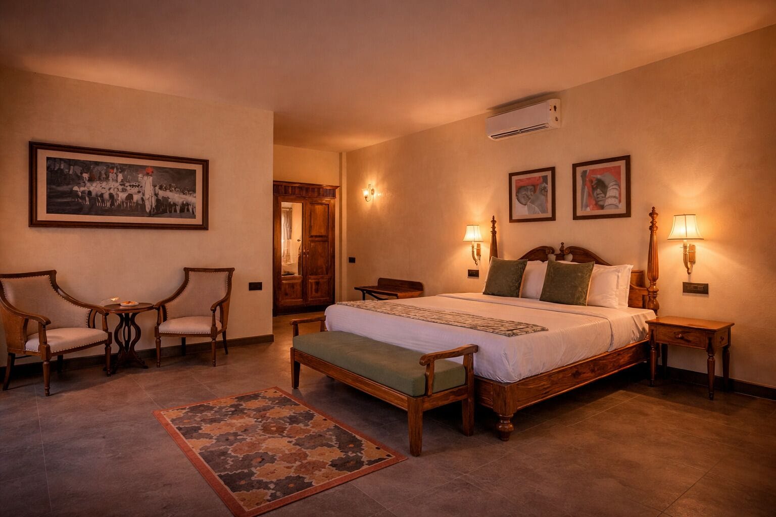 A bedroom with a bed, two chairs, a table, and a rug.