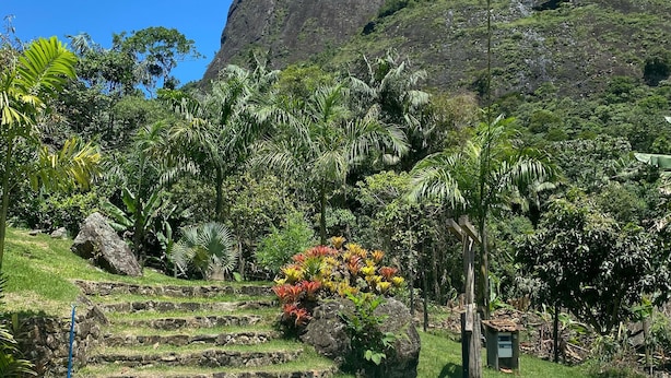 A pool area with a view of a mountain and tropical vegetation. - Sítio São Pedro da Serra (Nova Friburgo)