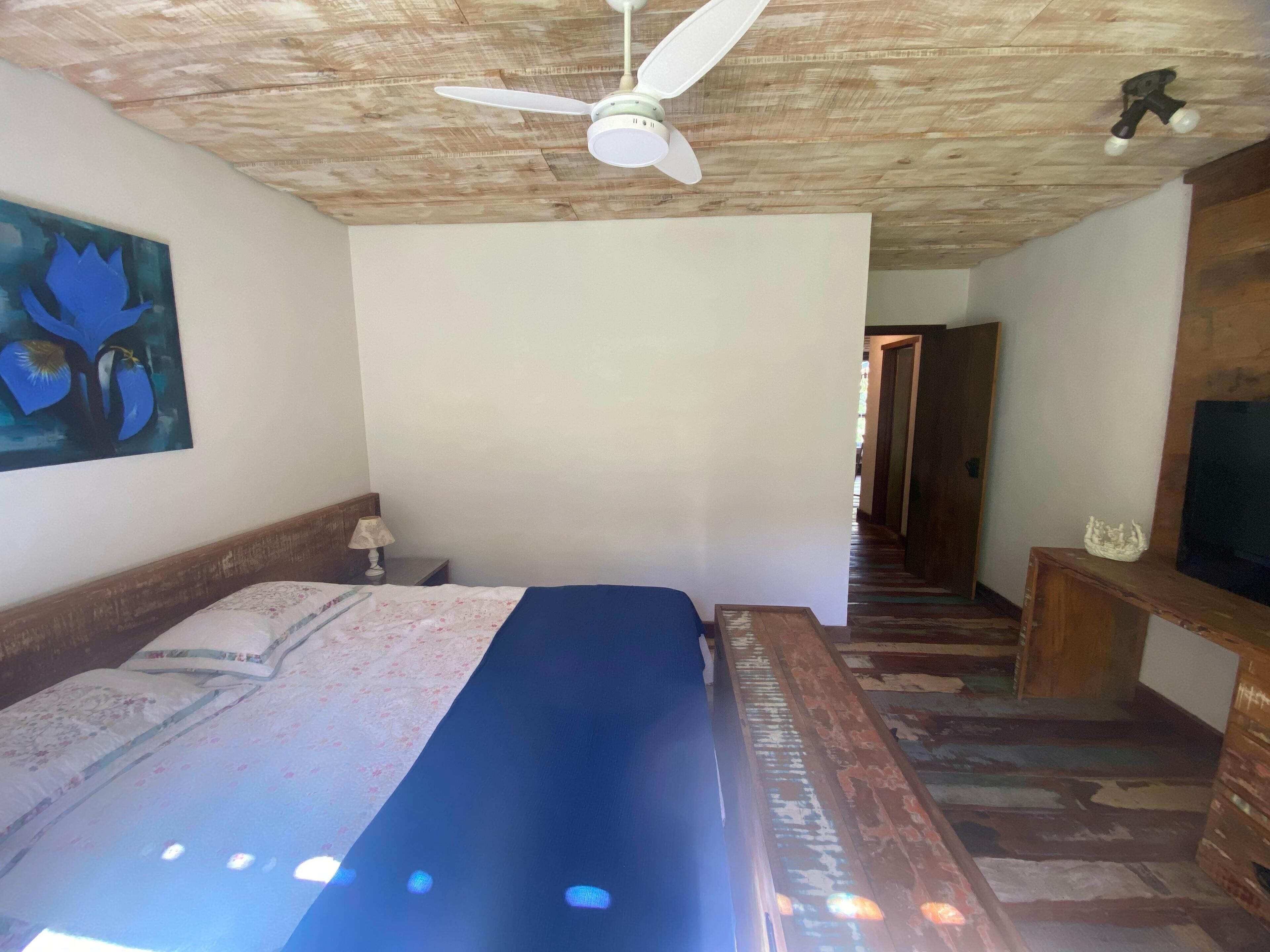 A bedroom with a bed, a ceiling fan, a painting, a lamp, and a TV on a wooden stand.