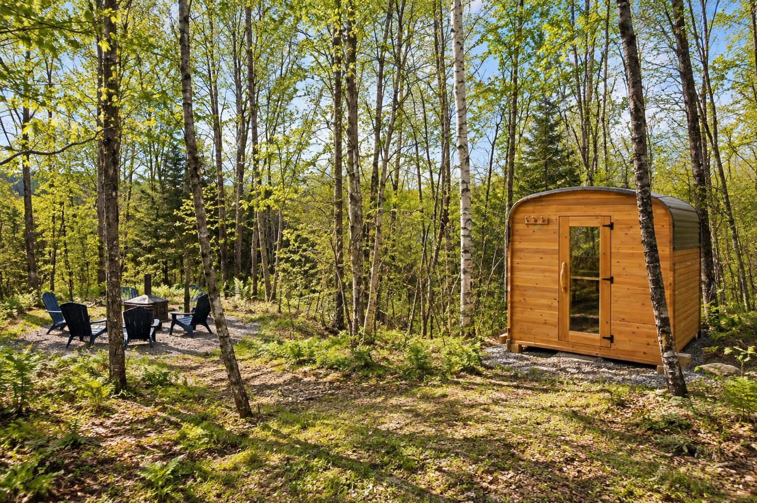 Ein Wald mit einer kleinen Holzhütte und zwei Adirondack-Stühlen.