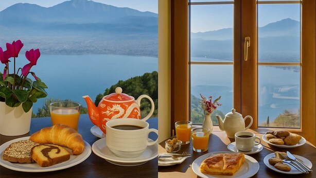 A breakfast table with croissants, a teapot, and a cup of coffee, set against a scenic mountain view.
