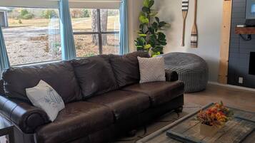 Smart TV, fireplace, books, computer monitors