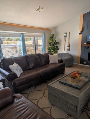 Smart TV, chimenea, libros, monitor de computadora