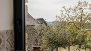 Vista desde una ventana que muestra un muro de piedra, un árbol y una verja metálica al fondo.
