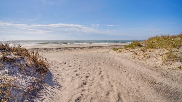 A sandy beach with dunes and a clear sky.