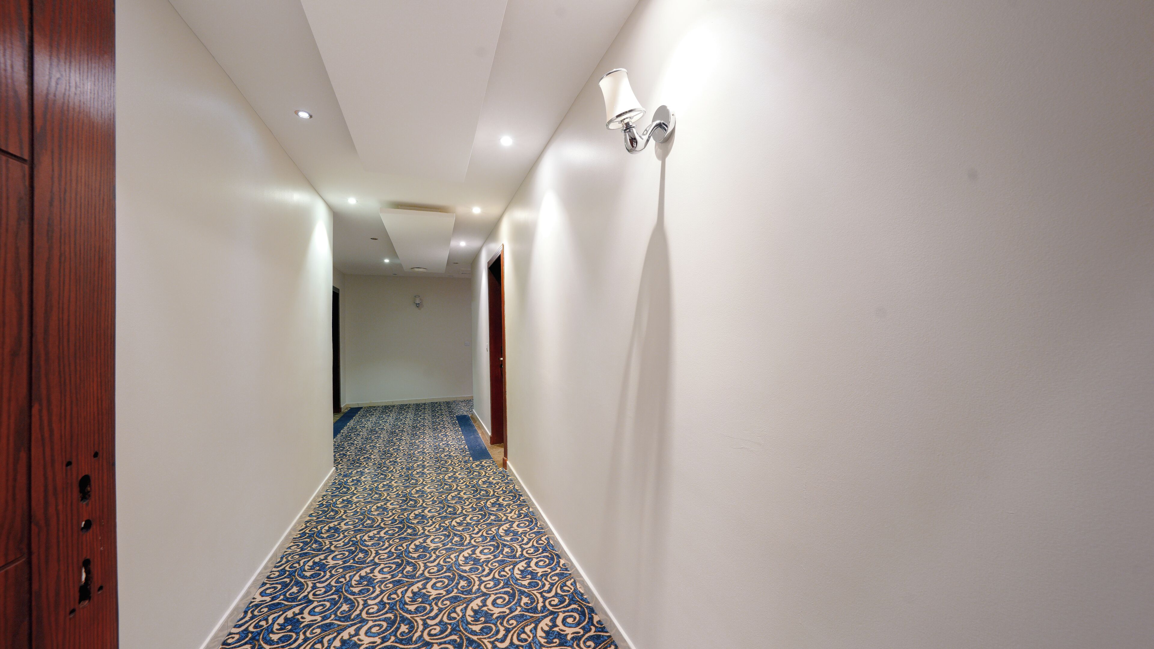 A narrow hallway with patterned carpet, white walls, and a wooden door on the left.