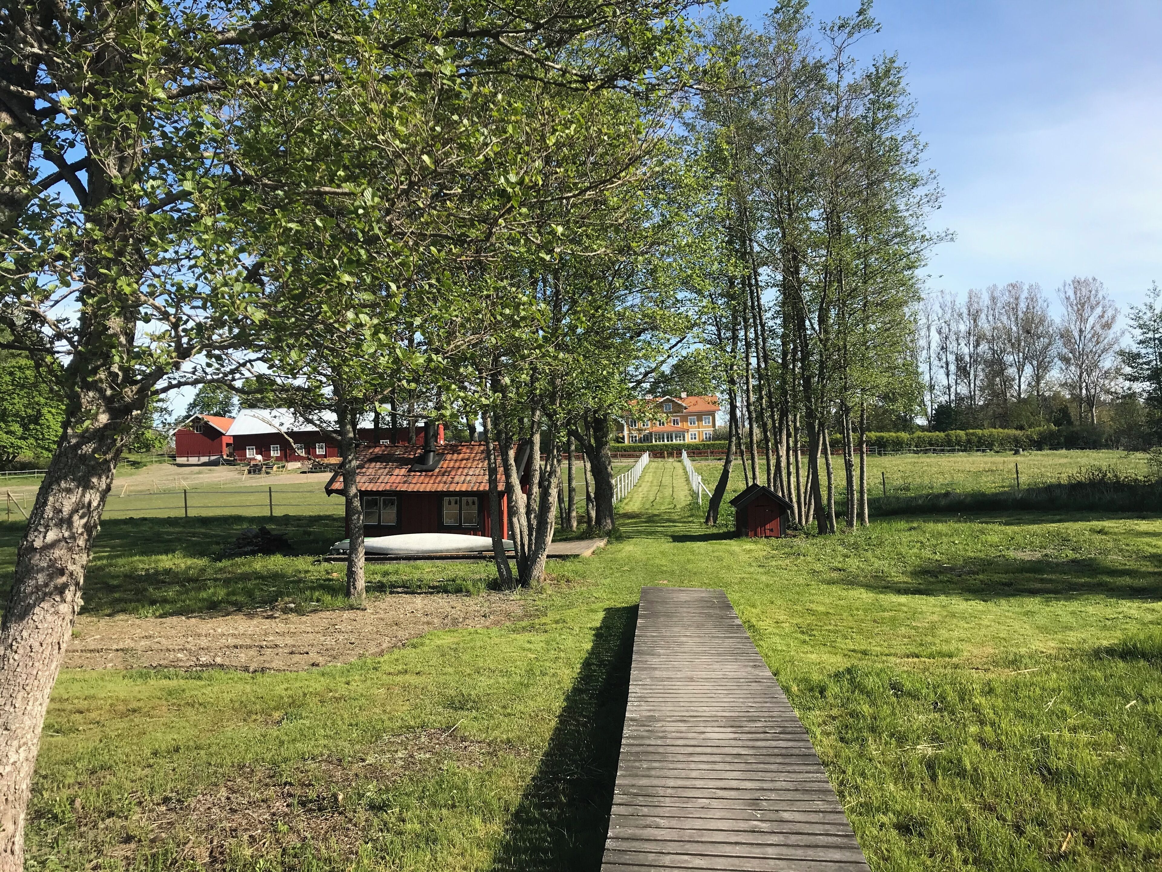 Un sendero de madera que conduce a una casa roja con techo blanco, rodeada de árboles y un campo cubierto de césped.