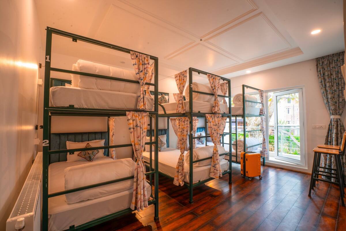 A dormitory-style room with bunk beds, a radiator, a suitcase, and a view of greenery outside.