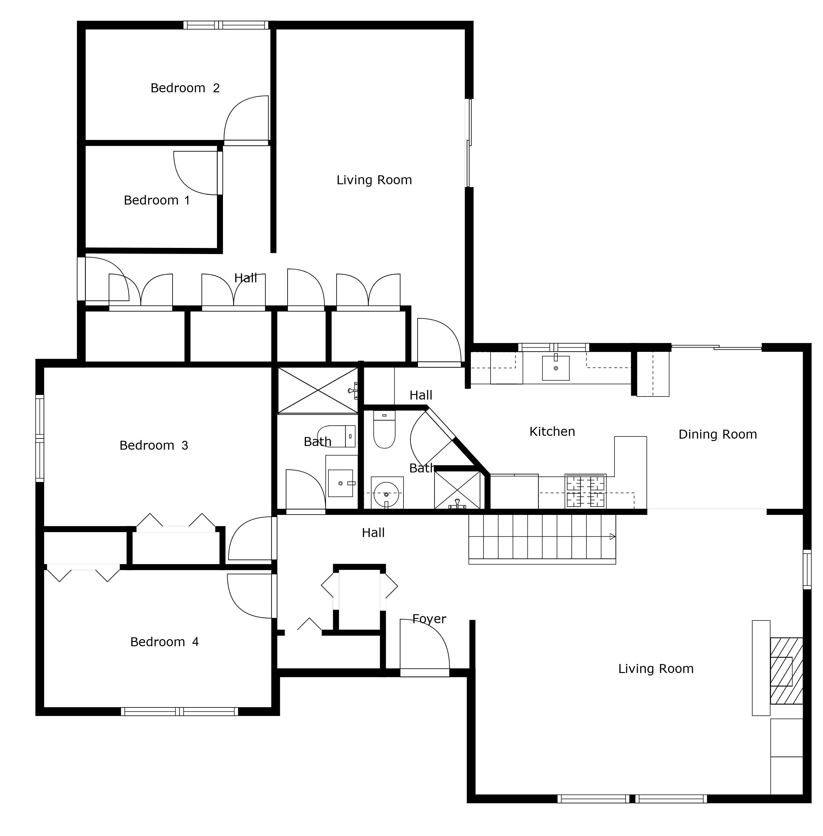 A floor plan with four bedrooms, two living rooms, a kitchen, a dining room, a foyer, and a bathroom.