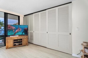 A room with a television on a wooden stand, a sliding closet door, and a view of the outdoors.