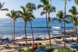 A beach with palm trees, ocean waves, and beach chairs and umbrellas.