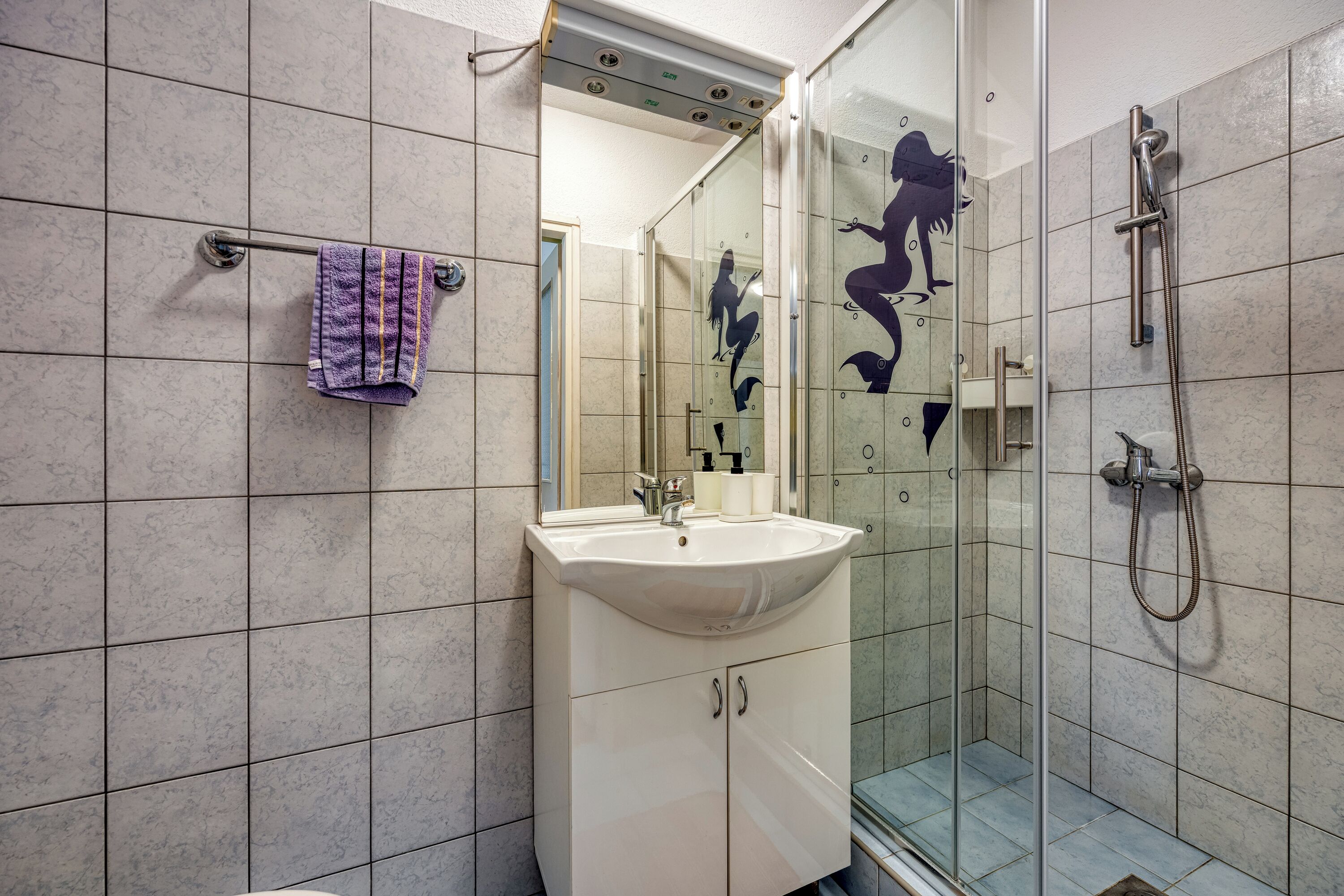 Une salle de bain avec un lavabo, un miroir et une douche.
