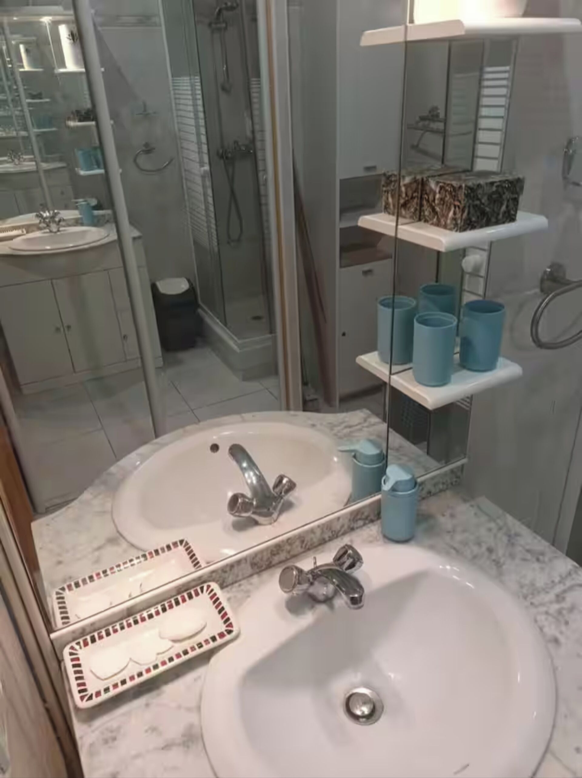 A bathroom with two sinks, a glass shower enclosure, and a mirror reflecting the space.